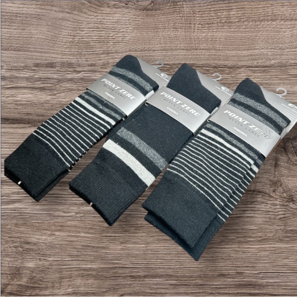 Point Zero Men's Angora Wool Blend Striped Black and Gray Socks - 3 Pairs 10-13
